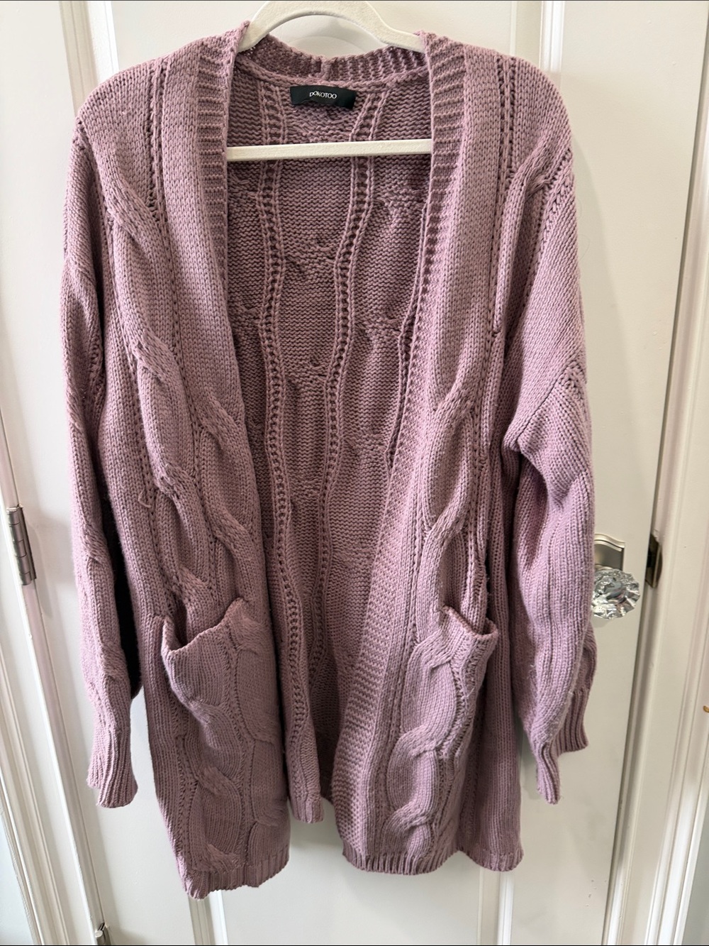 Mauve Open-Front Cable Cardigan